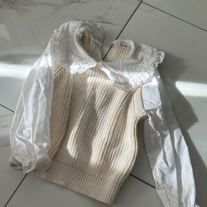 Zara Cream Knit Top with White Lace Collar